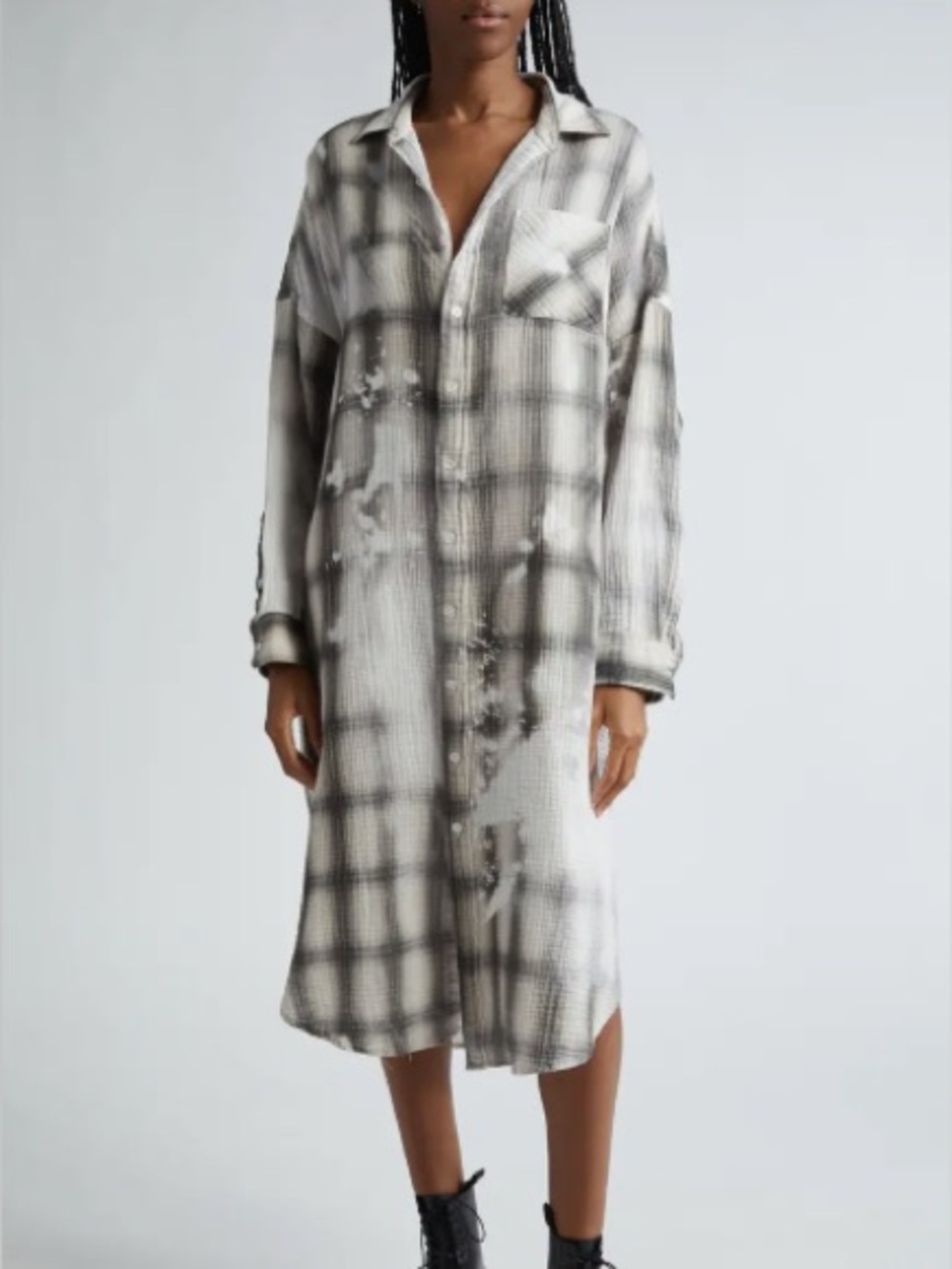 R13 Jumbo Bleached Plaid Long Sleeve Cotton Gauze Midi Shirtdress